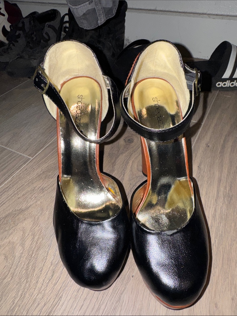 Shoe Dazzle Black Ankle-Strap Round-Toe Heels with Gold Insole